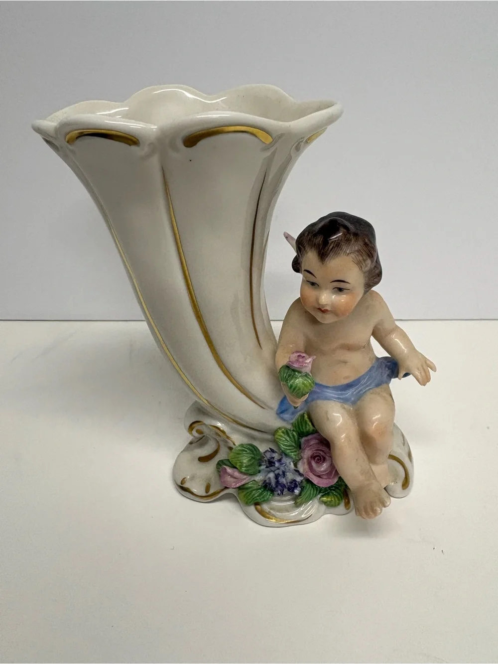 Vintage Porcelain Cherub Cornucopia Vase in White and Gold